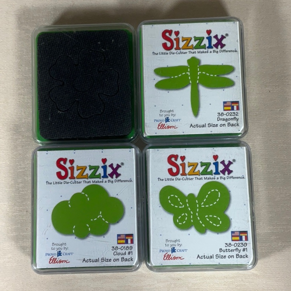 Sizzix Bundle of 4 Green dies, Cloud #1, Butterfly#1,Dragonfly, Flower #1